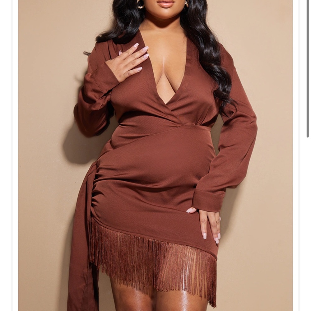 Plus Chocolate Long Sleeve Tassel Hem Drape Detail Bodycon Dress